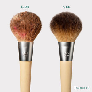 Two makeup brushes showing before and after cleaning results.