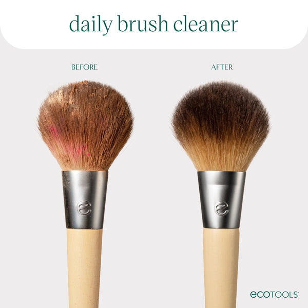 Makeup brush with bristles shown before and after cleaning, metal ferrule and wood handle.
