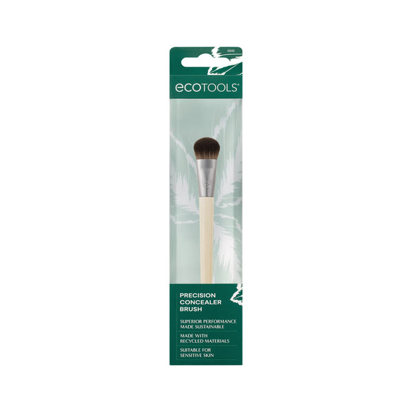 Precision concealer brush in clear packaging with green top and hanging tab