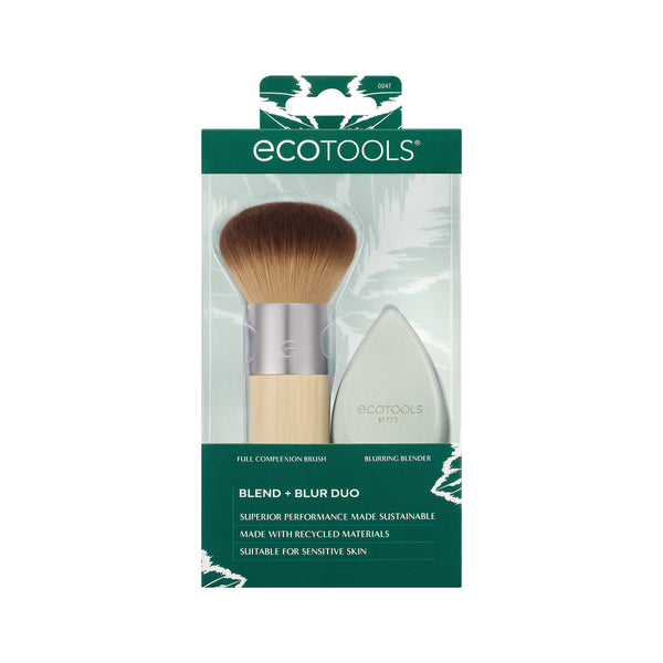ECOTOOLS makeup brush and blending sponge set retail box with brush and mint sponge