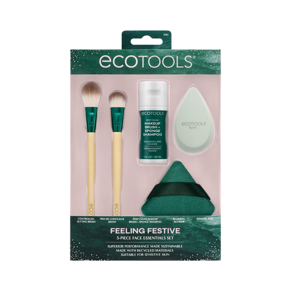 Front of ecotools Feeling Festive 5-piece face essentials set gift box with brushes and sponges