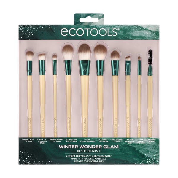 Front retail package of 10-piece makeup brush set with teal-handled brush assortment