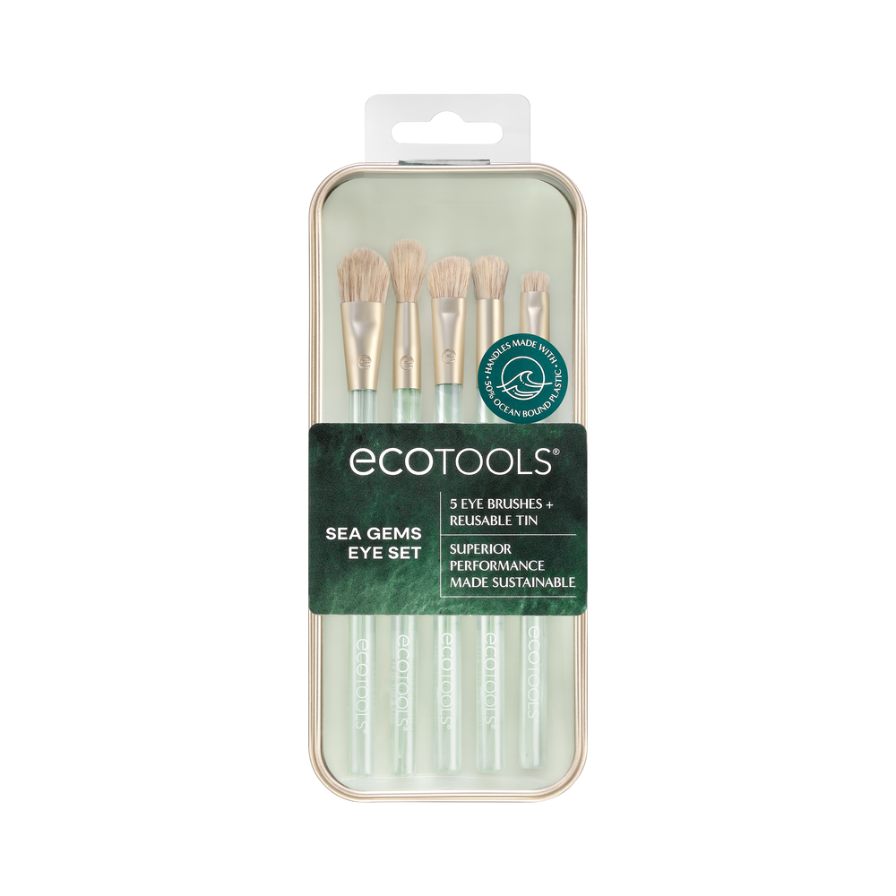Sea Gems eye brushes, five tapered brush heads with beige bristles on green handles
