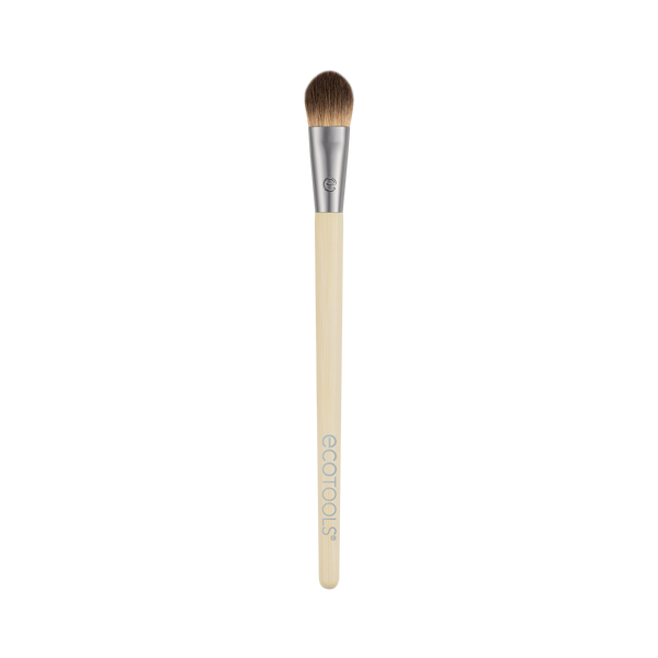 All-over eye makeup brush, beige handle, tapered brown bristles.