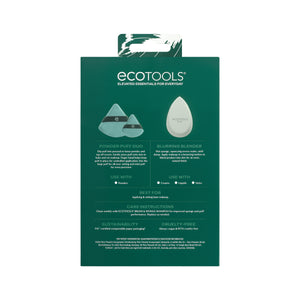Makeup sponge set for blending and setting: teal puffs and a white teardrop sponge