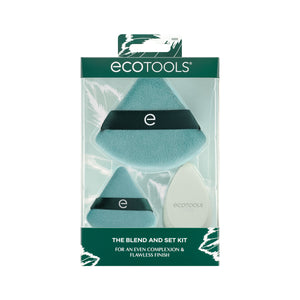 Makeup sponge kit box featuring teal blending sponges and a white setting sponge