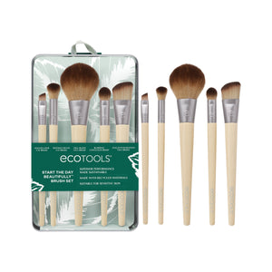EcoTools makeup brush kit with five beige-handled brushes and brown bristles in open tray