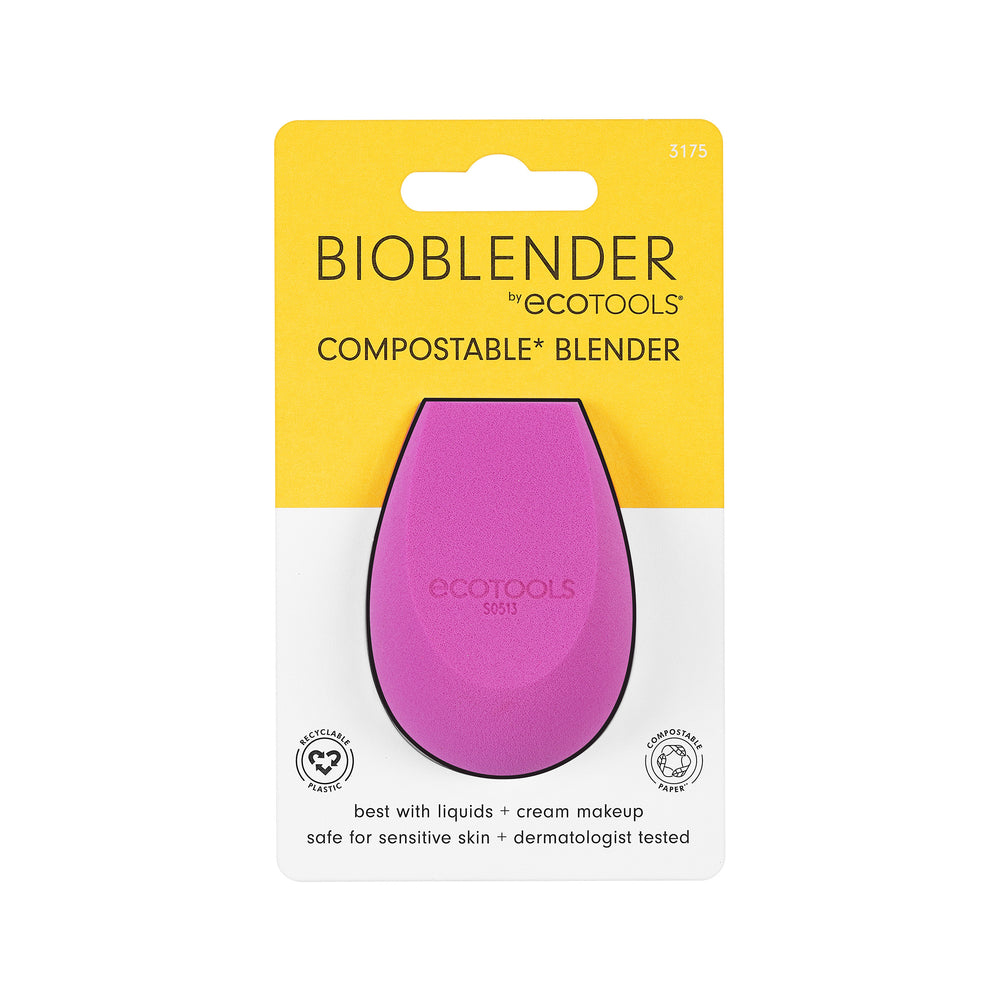 Purple teardrop makeup sponge with subtle brand logo on front