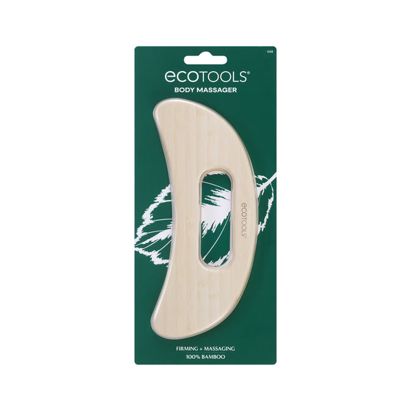 Wooden body massager in bamboo with ergonomic curved shape, blister card packaging.