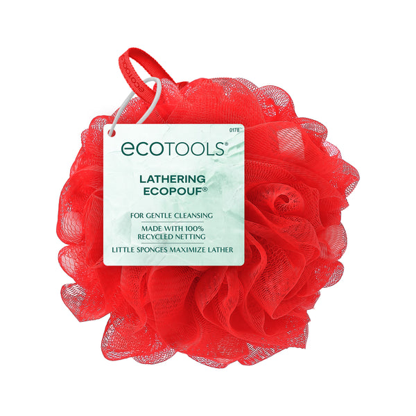 Red mesh lathering eco pouf with hanging label