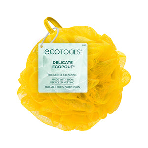 Yellow ecotools Delicate EcoPouf cleansing pouf with front label