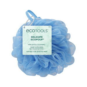 Light blue Delicate EcoPouf mesh cleansing puff with product tag