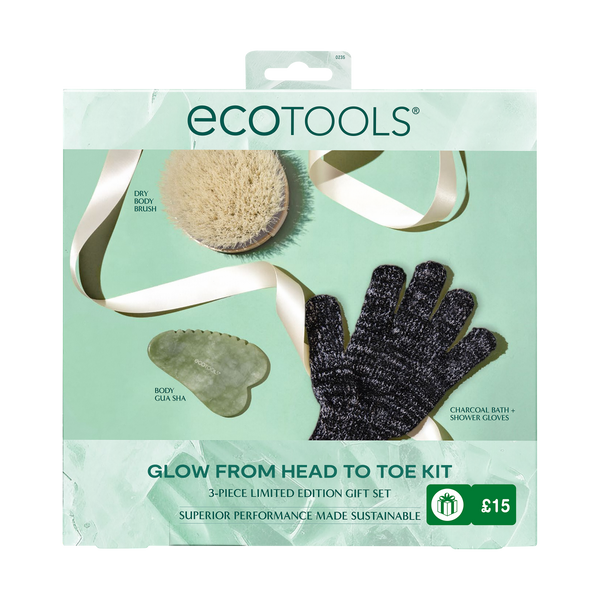 ecotools Glow From Head To Toe kit gift set with dry body brush, gloves, and jade.