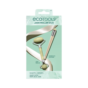 Jade roller duo with two under-eye rollers, gold handles, in retail package