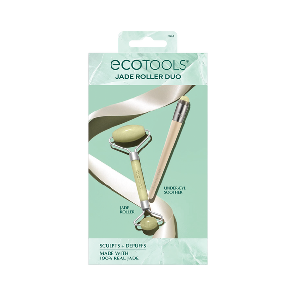 Jade roller duo with two under-eye rollers, gold handles, in retail package