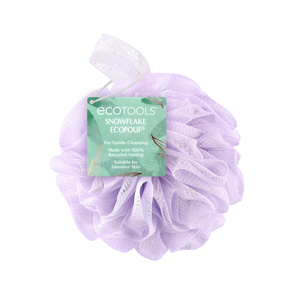 Lavender mesh exfoliating pouf with snowflake pattern