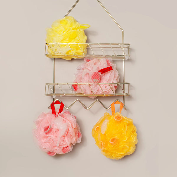 Bath lathering sponges set: yellow, pink, and orange mesh flower pads.