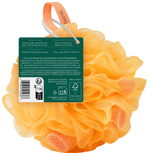 Orange lathering bath sponge with ECOTOOLS tag on back, mesh loofah flower.