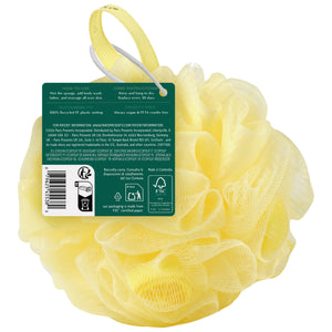 Lemon bath sponge with yellow mesh pouf and hanging loop