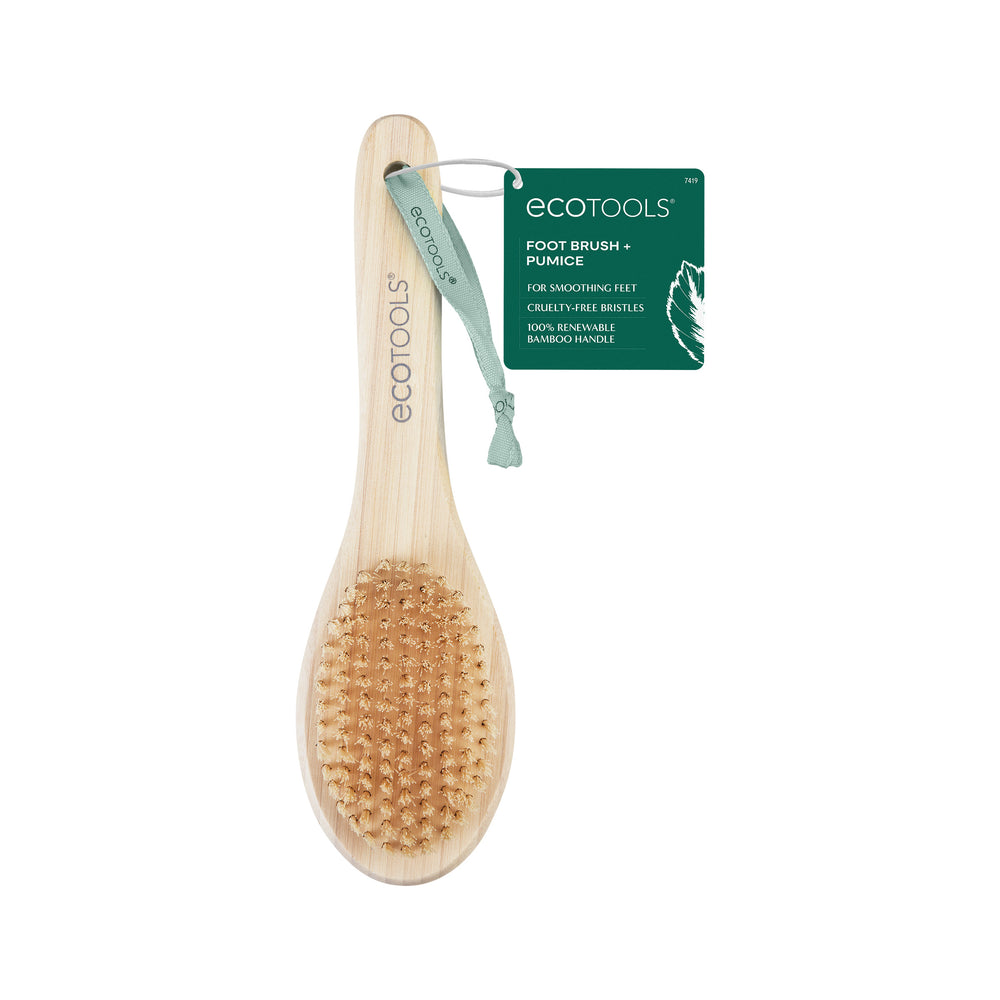 Wooden foot brush with tan bristle pad and attached blue hanging loop