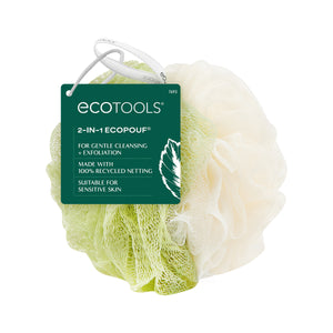 EcoTools 2-in-1 EcoPouf bath loofah pouf with green and cream tag and loop