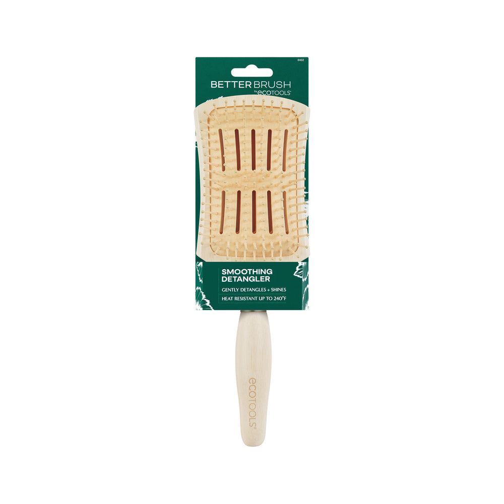 Detangling hair brush with square cushioned head, light wood handle and tan pin bristles