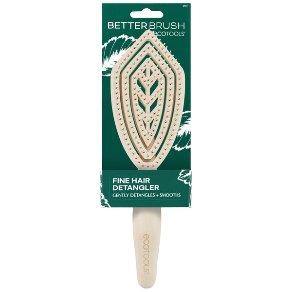 Fine hair detangler brush retail package, green and white, with visible handle end