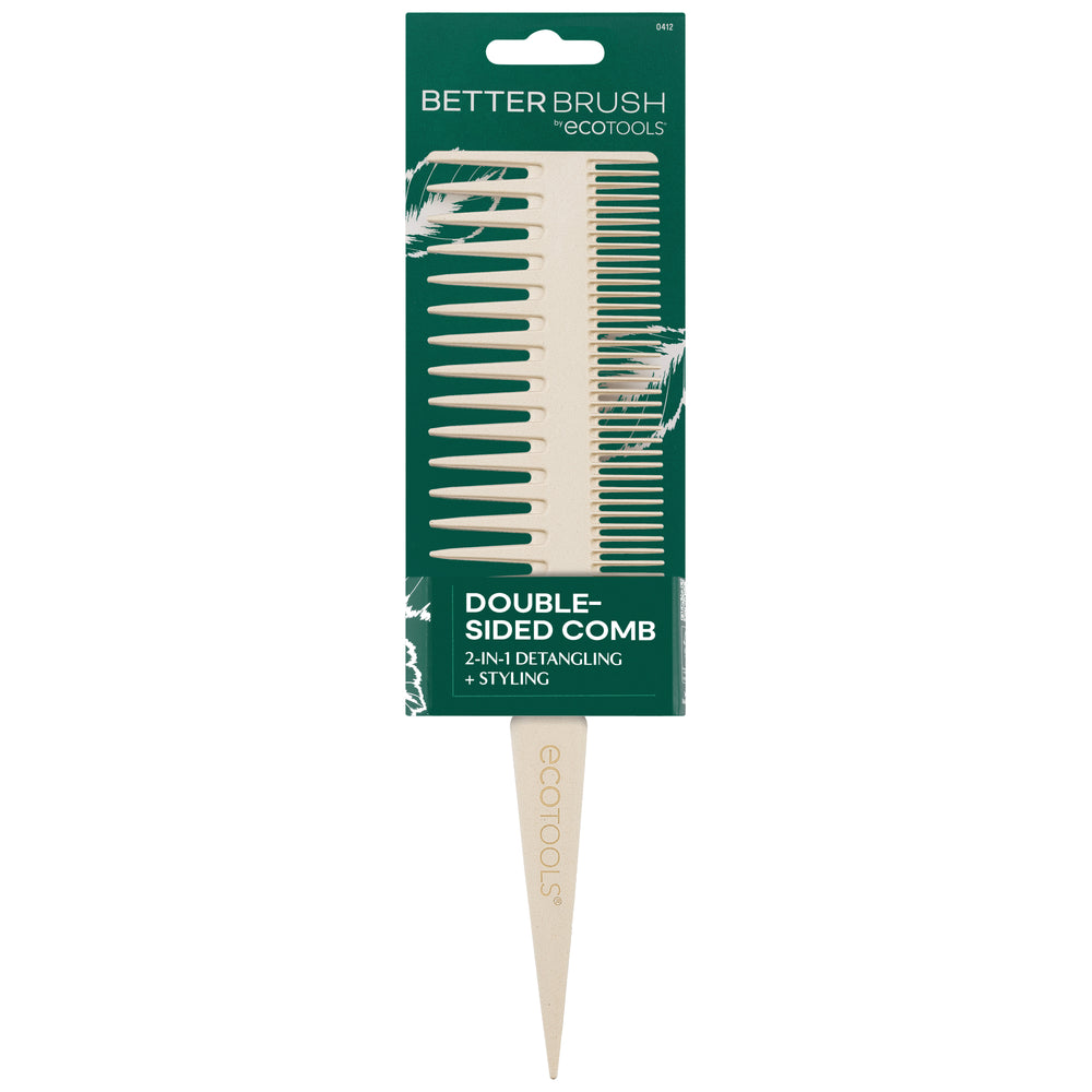 White double-sided hair comb with long teeth and short teeth along the head