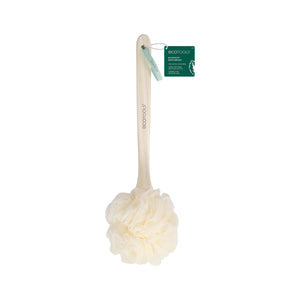 Ivory bath brush with ruffled flower head, bamboo handle, and product tag