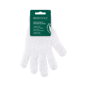 White bath shower glove with green cuff, hang tag shown behind wrist opening.
