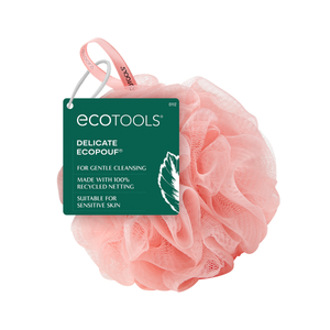 EcoTools Delicate EcoPouf tag on pink mesh shower scrubber with ruffled loops