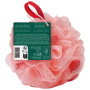 Pink mesh bath sponge with hanging loop and instruction label
