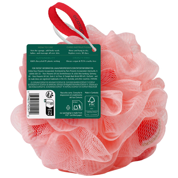 Pink mesh bath sponge with hanging loop and instruction label