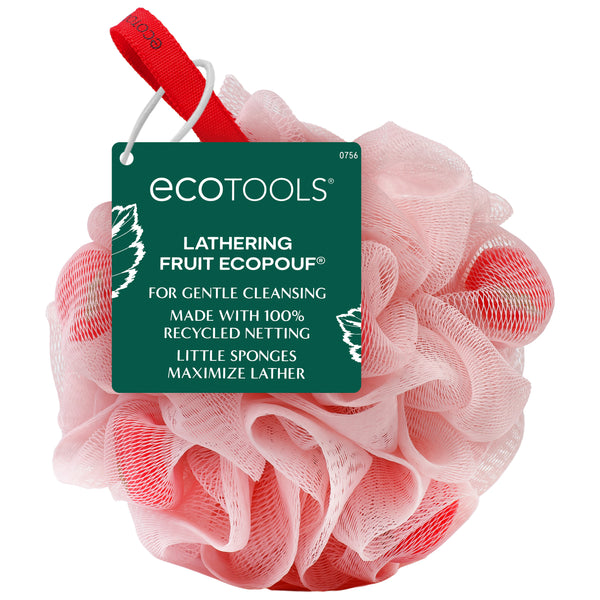 Pink ruffled mesh bath sponge with hanging loop, for gentle cleansing