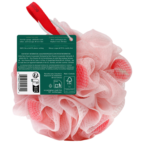 Pink ruffled mesh bath sponge with hanging strap, shown from label/back side