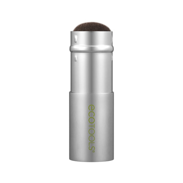 Retractable face brush in silver metal with soft brown bristles
