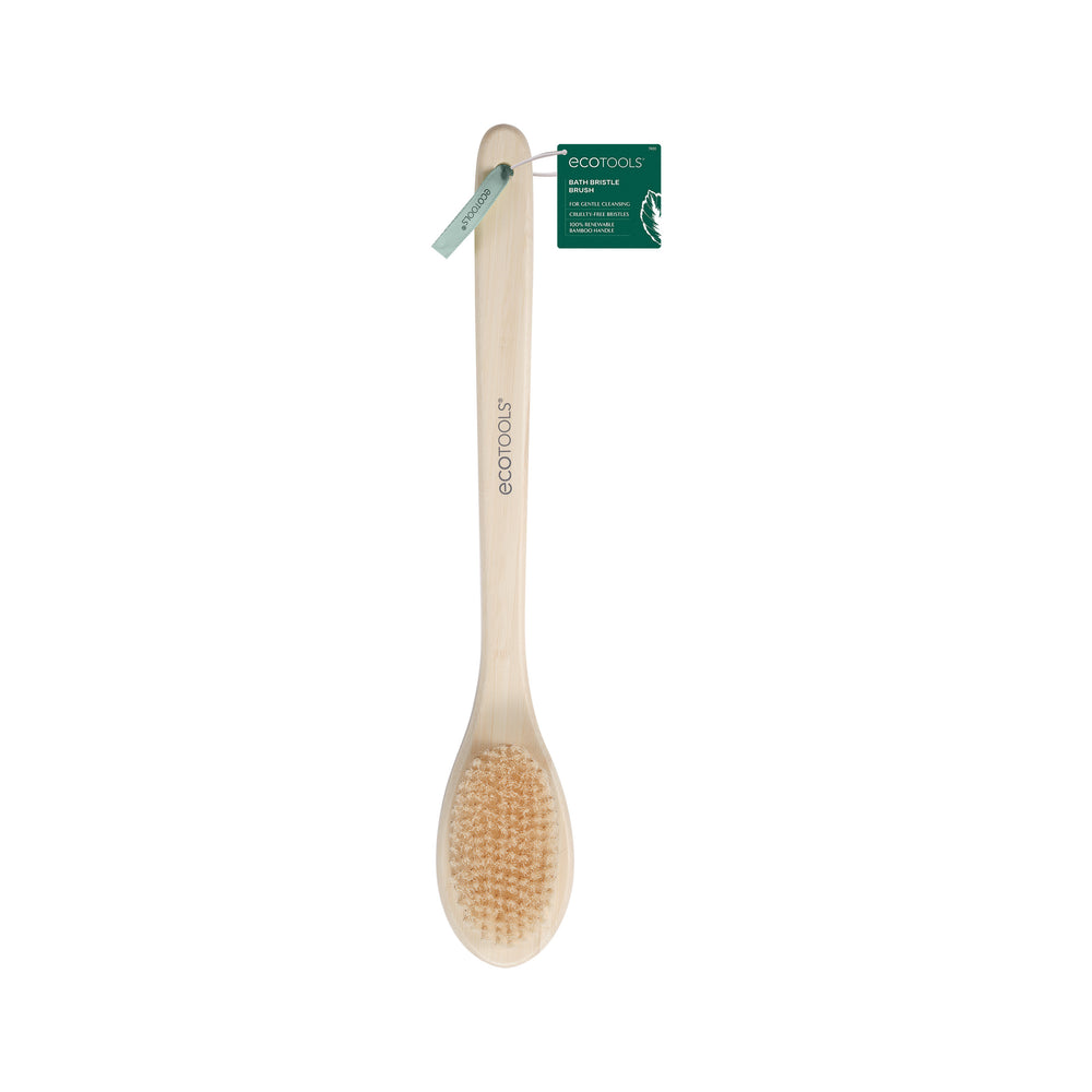 Bristle bath brush with oval head on a light bamboo handle, ecotools logo on handle.