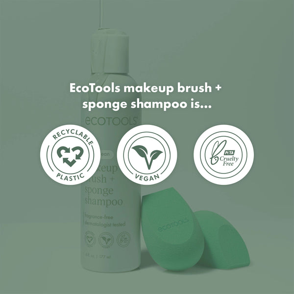 Sage-green ECOTools makeup brush + sponge shampoo bottle with recyclable, vegan icons