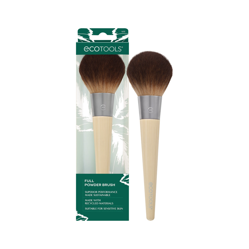 Full powder brush with tapered brown bristles and bamboo handle