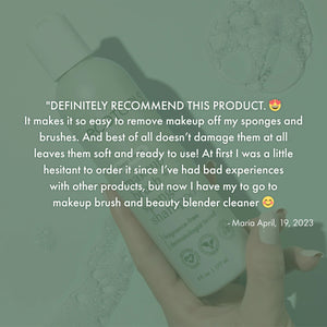 Makeup brush + sponge shampoo bottle angled with green sponge cleaning effect