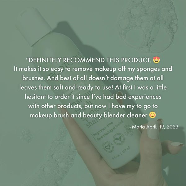 Makeup brush + sponge shampoo bottle angled with green sponge cleaning effect