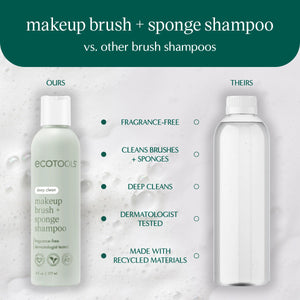 Makeup brush cleansing pad and deep-clean shampoo bottle comparison set, white bottles on pad