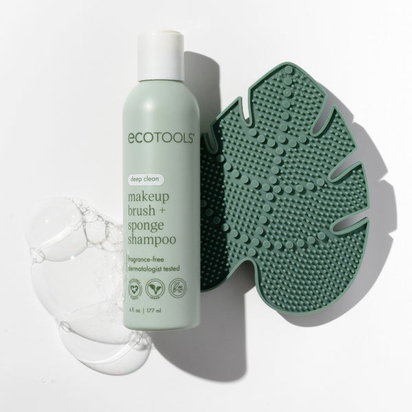 Makeup brush + sponge shampoo bottle with makeup brush cleansing pad, teal silicone and green bottle