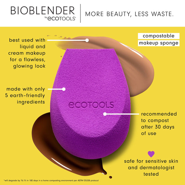 Purple teardrop makeup sponge with ecotools logo, centered for use