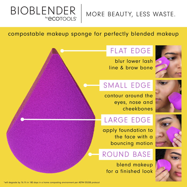 Purple teardrop makeup sponge with emphasis on edges for face blending