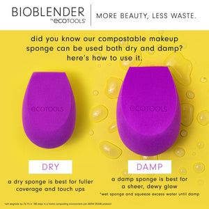 Two purple teardrop makeup sponges displayed for dry and damp use