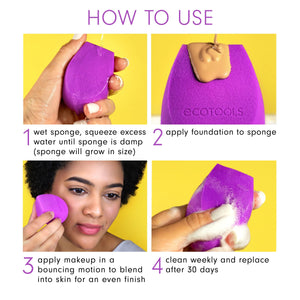 Purple teardrop makeup sponge shown in hand for applying and blending foundation