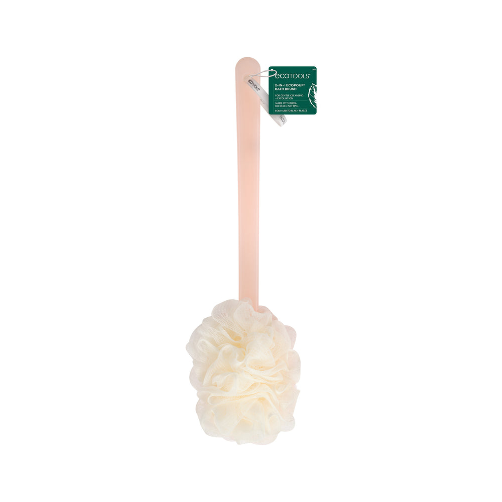 Cream loofah bath brush with ruffled puff head on slender light pink handle