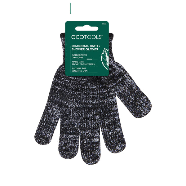 Charcoal-infused bath gloves package with front card and dark speckled knit pair