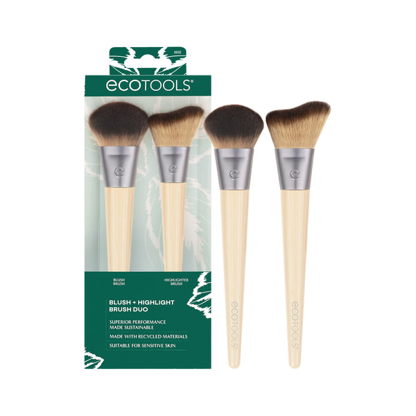 Blush and highlight duo brush set with two soft bristle brushes